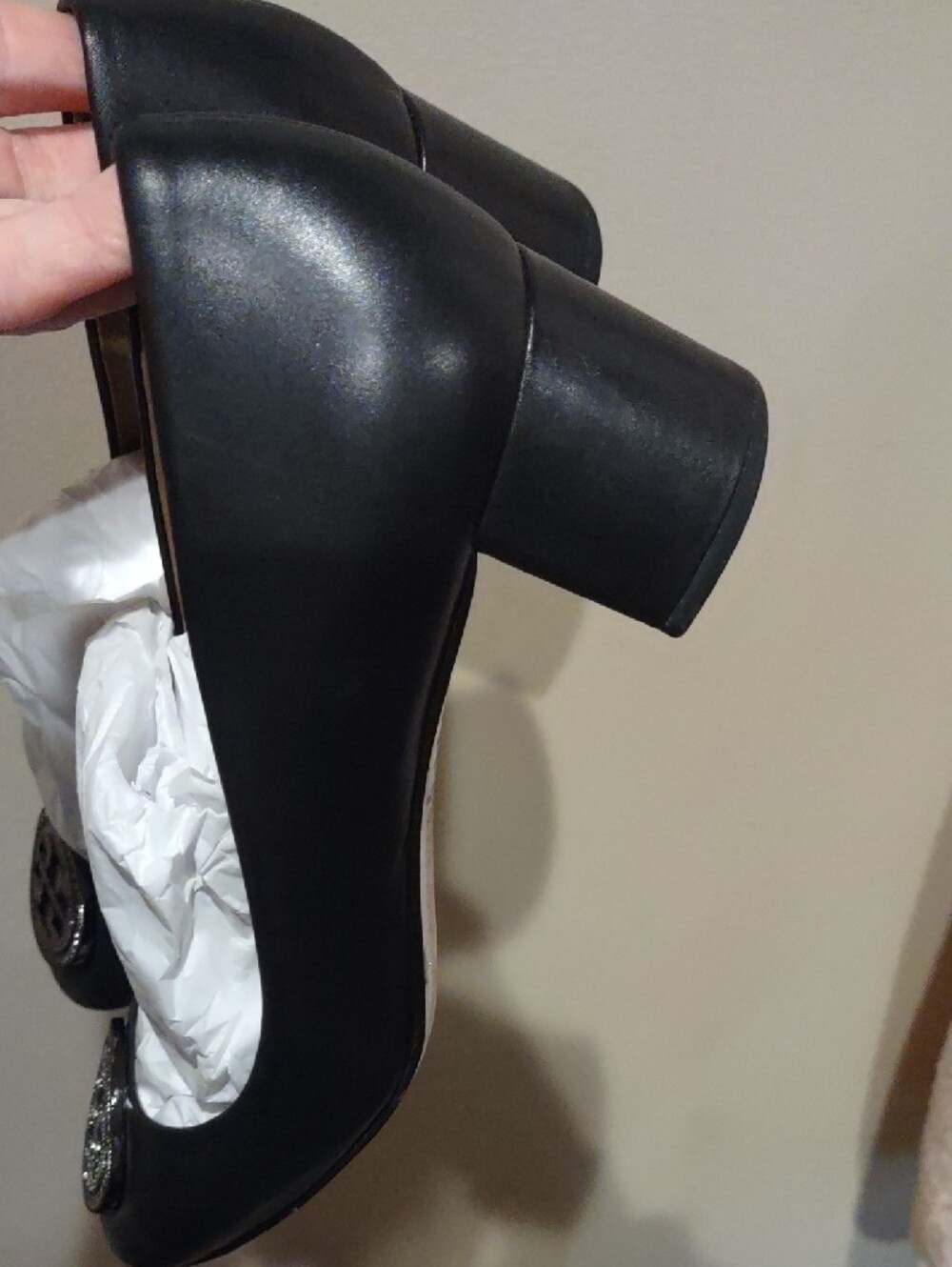 Tory Burch Black Leather Chunky Heel with Crystal Logo Medallion - Picture 10 of 15